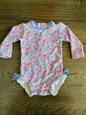 Ruffle Butts Pink, Light Blue and White Dot Swim Rashguard